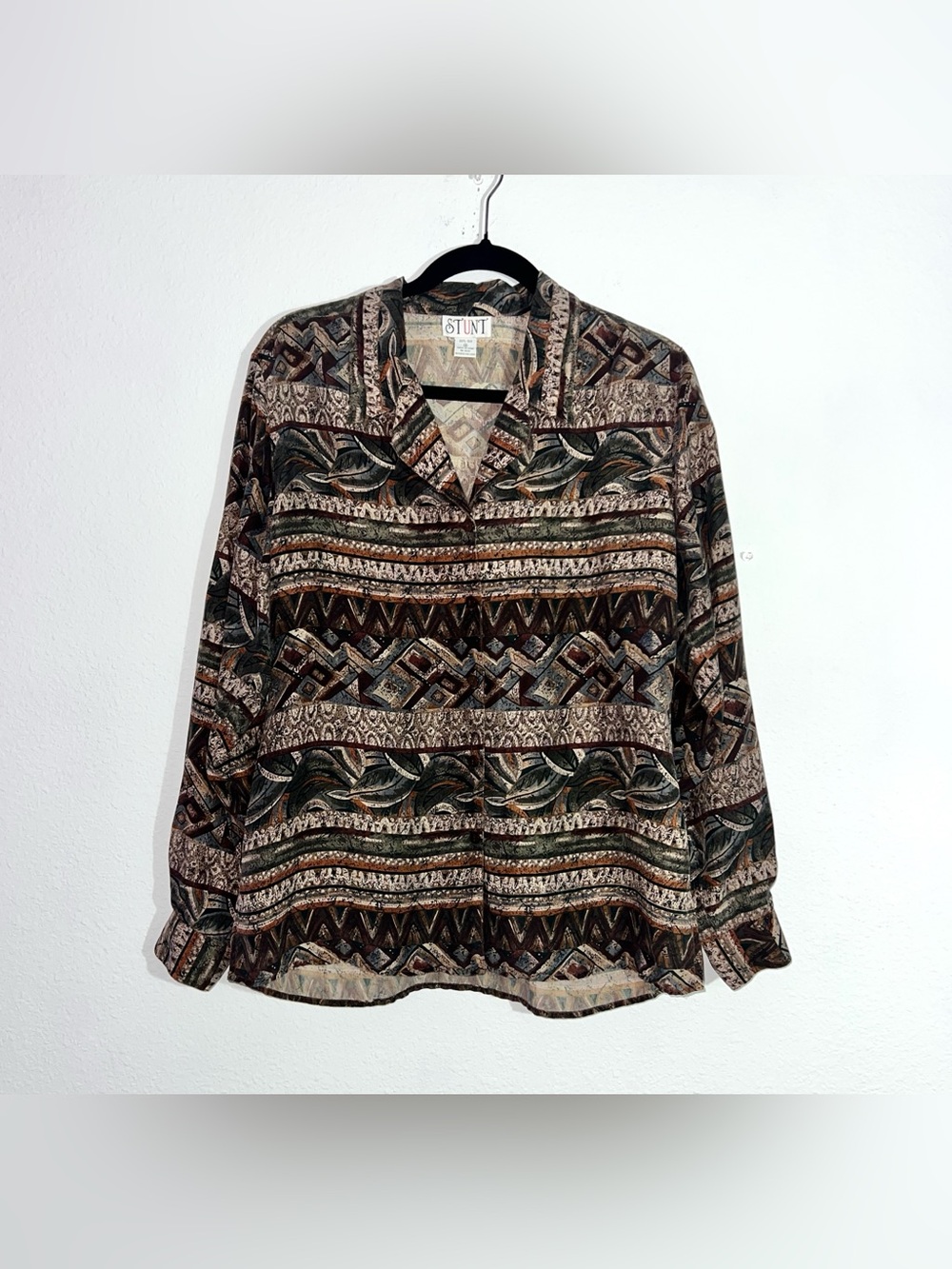 Vintage Stunt 100% Silk Women's M Abstract Print Long Sleeve Button Down Shirt
